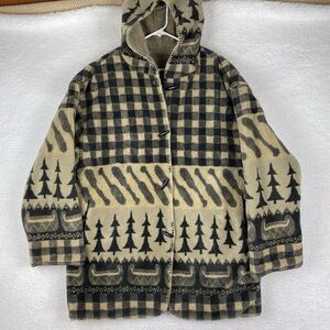Vintage Denali Jacket Womens Sz‎ L Reversible Fleece Hooded Coat Oars Pine Trees